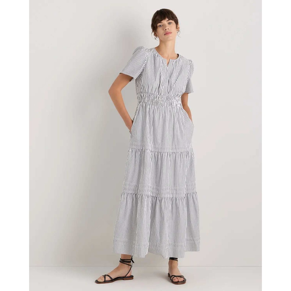 Quince Organic Cotton Poplin Maxi Dress Steel Gray Stripe NWT XS